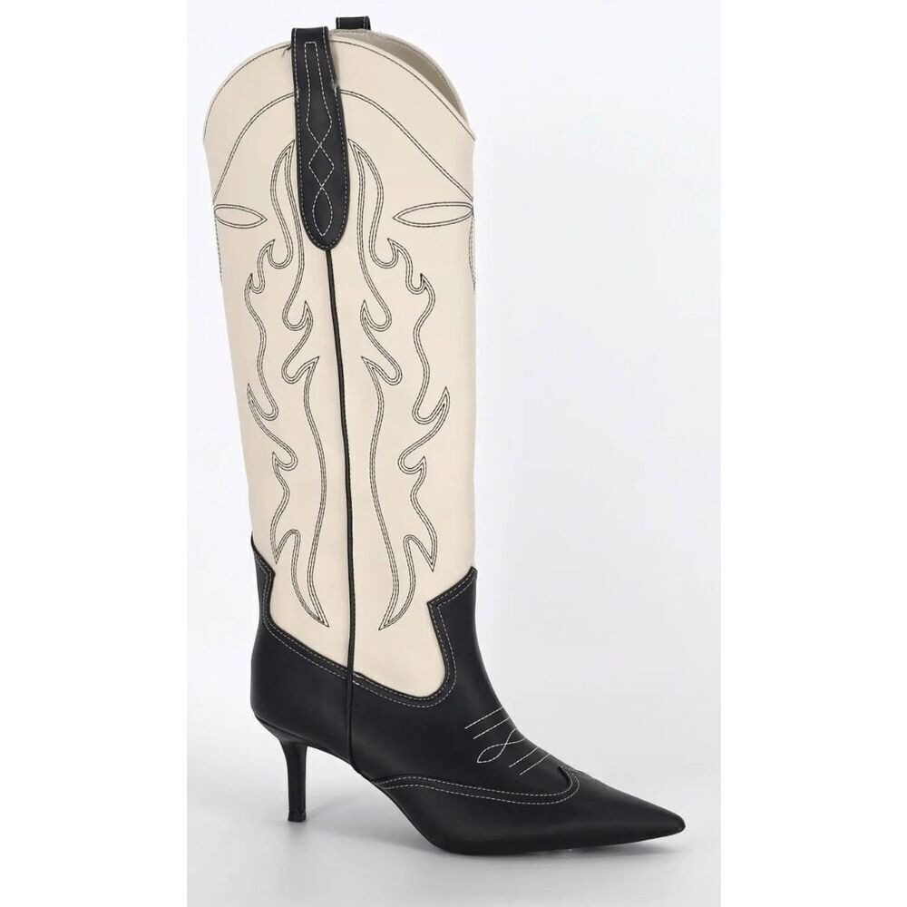 INC International Concepts Black Cream Flame Western Stiletto Boots 6.5 NEW